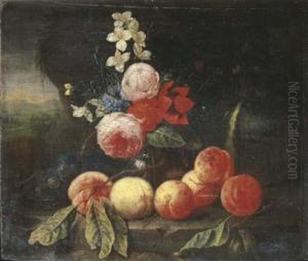 Peaches And Grapes With Roses 
And Other Flowers In A Glass Vase On A Stone Ledge In A Landscape Oil Painting by Cornelis De Heem