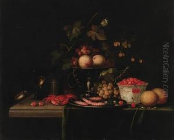 Grapes On A Vine With 
Gooseberries In A Tazza, Prawns In A Pewter Dish, A Crab, A Bowl Of 
Strawberries Oil Painting by Cornelis De Heem