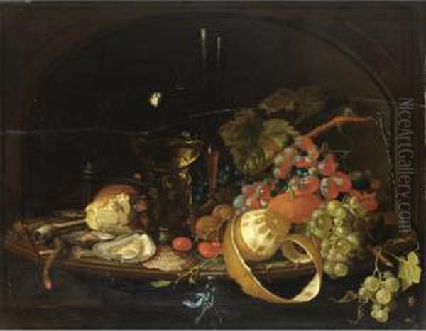 Natura Morta Con Uva, Ostriche, Pane E Bicchiere Oil Painting by David Cornelisz. de Heem