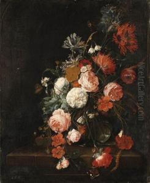 Roses, Poppies, Ears Of Corn And
 Other Flowers In A Glass Vase,with Snails, A Moth, A Spider And A 
Butterfly On A Stoneledge Oil Painting by David Cornelisz. de Heem