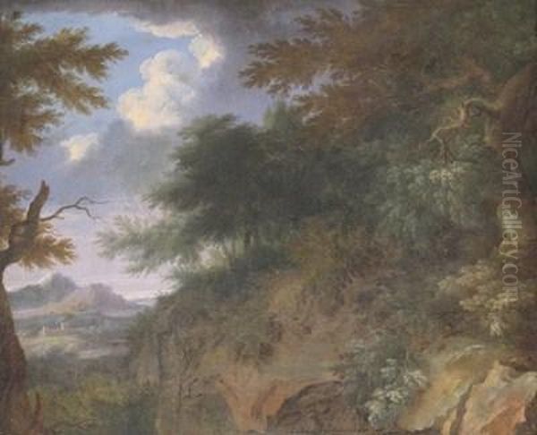 Wooded Italianate Landscape With A Distant Castle Oil Painting by Jacob De Heusch