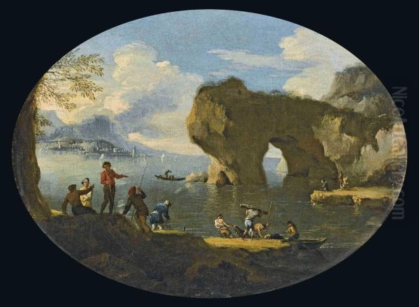 Marina Con Arco Roccioso E Figure Di Pescatori Oil Painting by Jacob De Heusch