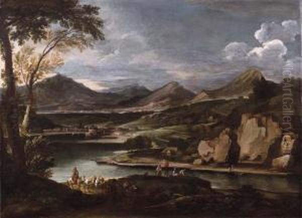 Paesaggio Fluviale Con Pescatori E Carovana Di Muli Oil Painting by Jacob De Heusch