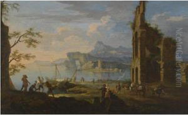 A Mediterranean Harbour Scene With Ruins And Figures Unloadingcargo In The Foreground Oil Painting by Jacob De Heusch