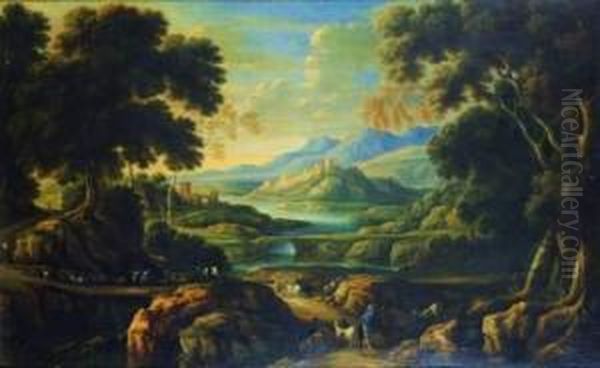 Paysage De Riviere Au Chateau Et Berger Oil Painting by Jacob De Heusch