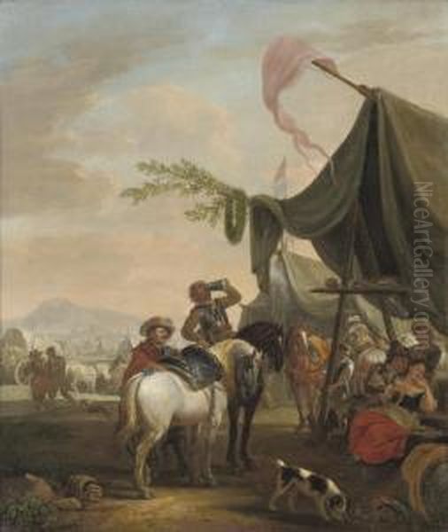 Soldiers On Horseback Near An Encampment Oil Painting by Jacob De Heusch