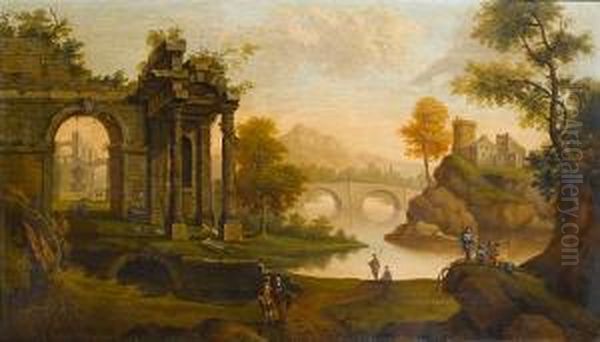 Figures Before Ruins In A River-landscape Oil Painting by Jacob De Heusch