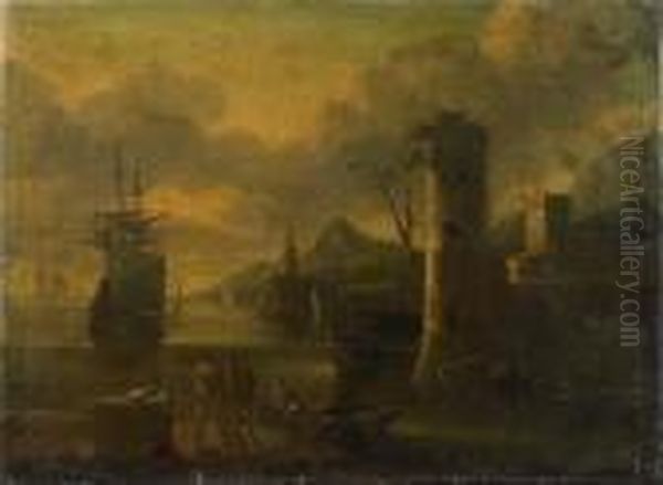 Vue D'un Port Au Clair De Lune Oil Painting by Jacob De Heusch