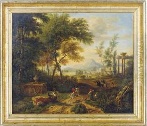 A Hunting Scene In A Wooded Valley Oil Painting by Jacob De Heusch