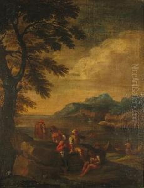 Figures In An Extensive Italianate Landscape Oil Painting by Jacob De Heusch