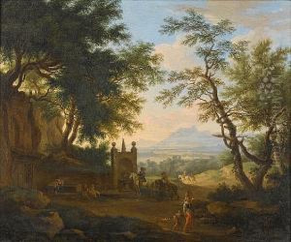 A Wooded Landscape With Travellers Halting On A Country Path Beside A Well Oil Painting by Jacob De Heusch