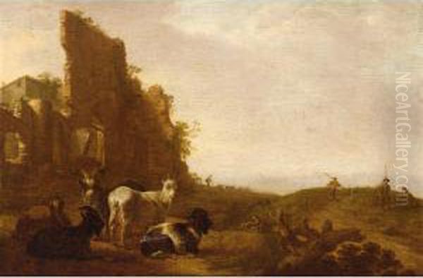 Goats Near A Ruin With Herdsmen Beyond Oil Painting by Jacob De Heusch