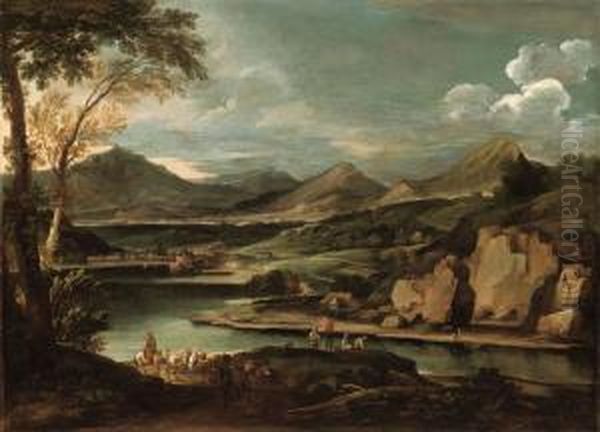 Paesaggio Fluviale Con Pescatori E Carovana Di Muli Olio Su Tela Oil Painting by Jacob De Heusch