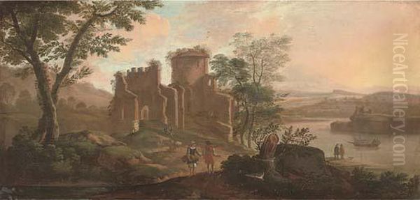 A River Landscape With Travellers By A Ruined Fort Oil Painting by Jacob De Heusch