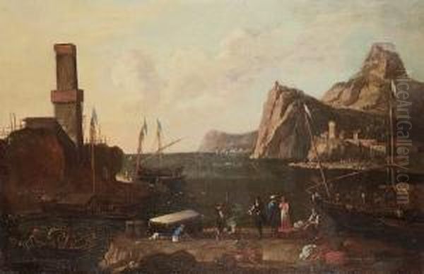 A Mediterranean Harbour With Figures On The Quayside Oil Painting by Jacob De Heusch