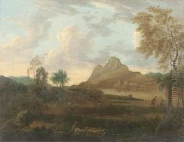 An Extensive Mountainous River 
Landscape With A Herdsman Drivingcattle And Fisherfolk On A River Bank Oil Painting by Jacob De Heusch