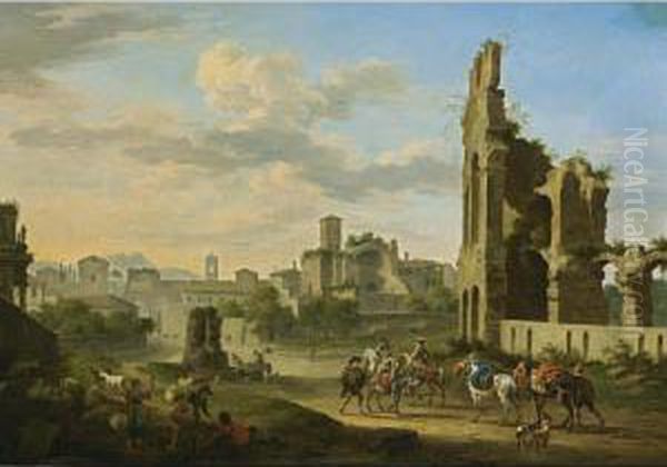 Rome: A View Of The Forum 
Romanum With Horsemen And Mules With Travellers In The Foreground 
Together With Shepherds And Their Herd Making Music Oil Painting by Jacob De Heusch