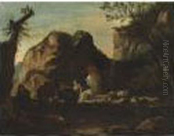 Herdsmen Travelling Through A Rocky Mediterranean Landscape Oil Painting by Jacob De Heusch