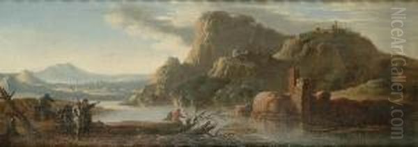 A Rocky River Landscape With Soldiers Resting On A Bank, A Hill Top Village Beyond Oil Painting by Jacob De Heusch