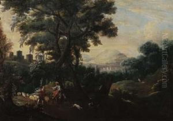 An Italianate Landscape With A Shepherd Couple Leading Their Flockdown A Path Oil Painting by Jacob De Heusch