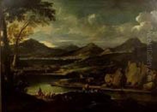 Paesaggio Fluviale Con
Viandanti E Pescatori Oil Painting by Jacob De Heusch