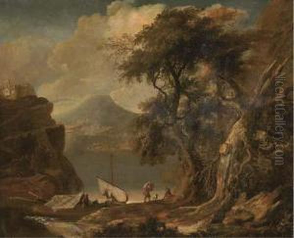 A Mountainous River Landscape With Figures And Boats In A Wooded Inlet Oil Painting by Jacob De Heusch