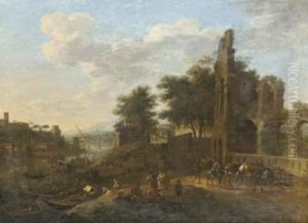 A River Landscape With 
Travellers On A Path And Peasants Conversing By Moored Ships, A Town 
Beyond Oil Painting by Jacob De Heusch