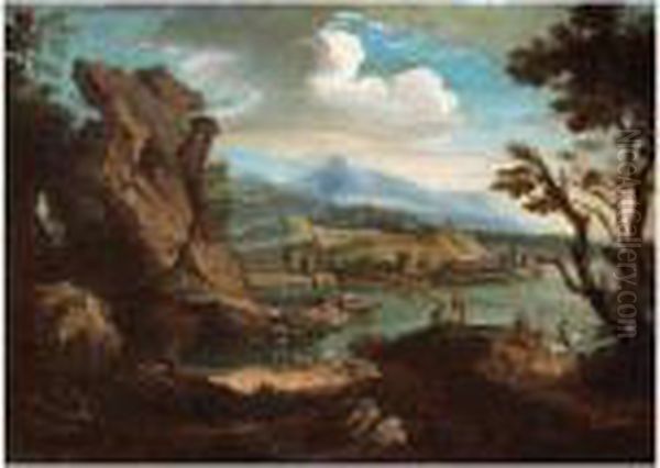 A Mountainous Landscape With Figures By A Lake Oil Painting by Jacob De Heusch