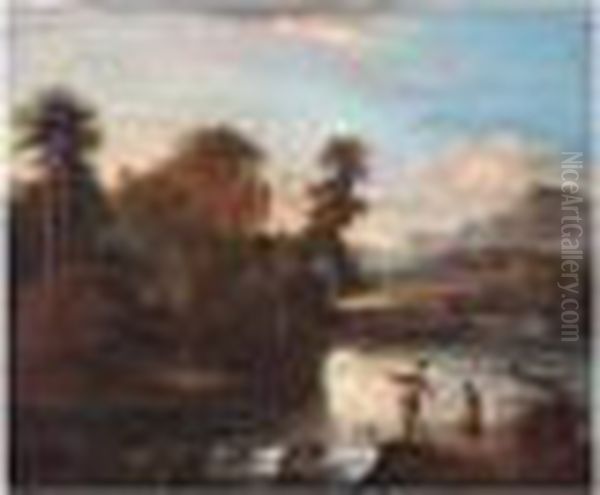 A Landscape With Two Men Fishing Beside A River Oil Painting by Jacob De Heusch