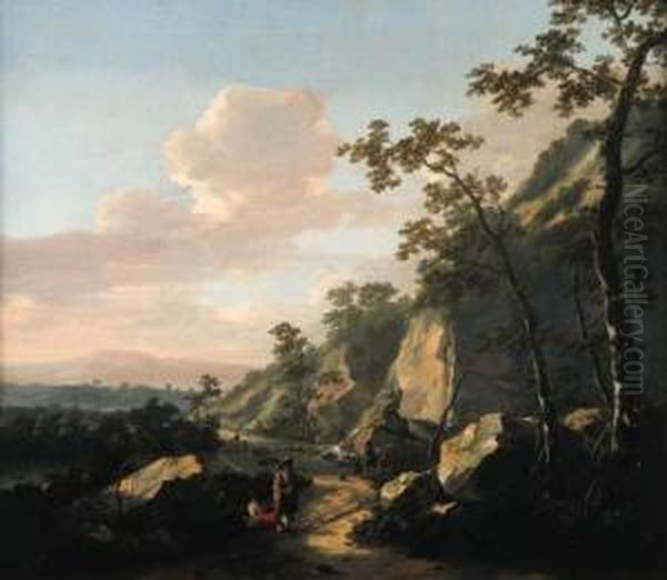 A Rocky Landscape With Travelers On A Path, Fishermen By Awaterfall Beyond. Oil Painting by Jacob De Heusch