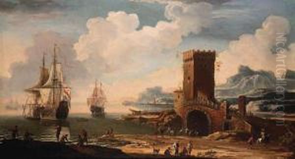 A Mediterranean Harbour With A 
Dutch Squadron Off The Coast Andfisherfolk On The Shore By A Castellated
 Tower Oil Painting by Jacob De Heusch