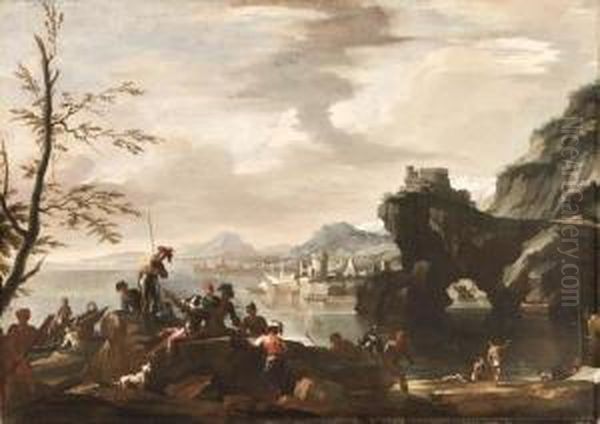 A Mediterranean Coastal Landscape With Banditti In Theforeground Oil Painting by Jacob De Heusch