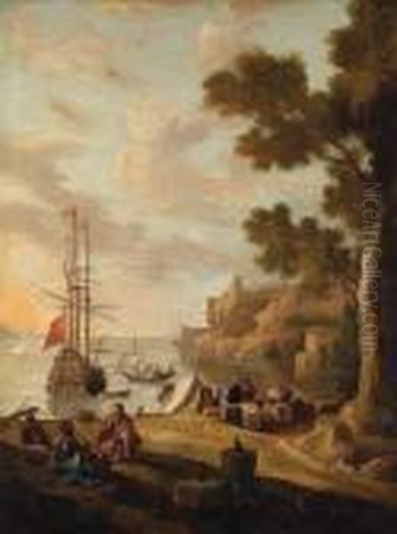 A Mediterranean Coastline With Travellers On The Shore, Aman-o'-war Beyond Oil Painting by Jacob De Heusch