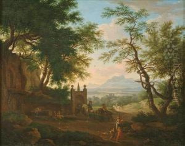 Travellers Beforea Fountain Oil Painting by Willem de Heusch