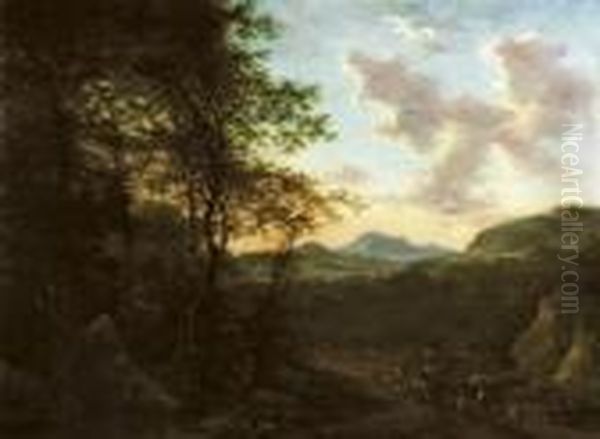 An Italianate Wooded Landscape Oil Painting by Willem de Heusch