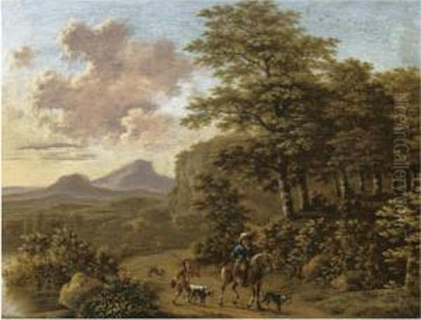 An Italianate Landscape With Huntsmen And Their Hounds On A Road Beside A River Oil Painting by Willem de Heusch