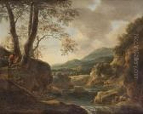 An Italianate Landscape At Dusk With Shepherds Resting On A Riverbank Above A Waterfall Oil Painting by Willem de Heusch