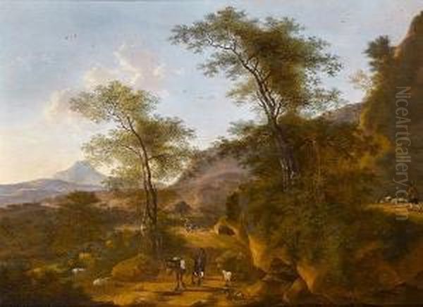 A Wooded Italianate Landscape With A Traveller And Mule On A Track Oil Painting by Willem de Heusch