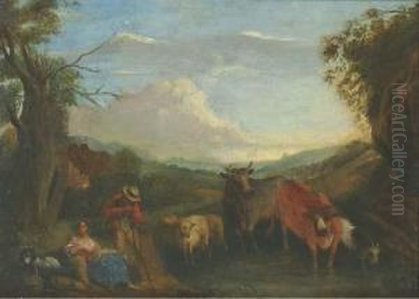 Shepherds With Cattle And Sheep Watering In A Wooded Landscape Oil Painting by Willem de Heusch