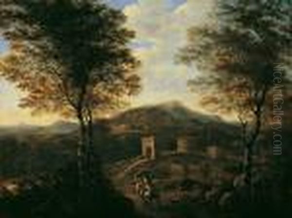 Italienische Landschaft Mit 
Reisenden In Der Nahe Der Uber Den Aniene Fuhrenden Ponte Lucano. Oil Painting by Willem de Heusch