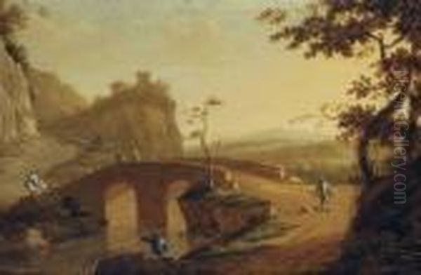 A Landscape With Travellers Crossing A Bridge, A Hilltop Housebeyond Oil Painting by Willem de Heusch