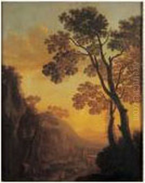 Berger Et Son Troupeau Dans Un Paysage Au Coucher Du Soleil Oil Painting by Willem de Heusch