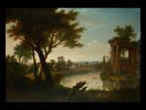 Arkadische Landschaft Mit Antiken Tempelruinen An Einemflusslauf Oil Painting by Willem de Heusch