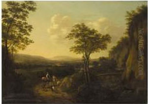 A Southern Landscape With Travellers Beside A Bridge Over A River Oil Painting by Willem de Heusch