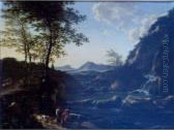 River Landscape With Peasants Driving Goats In The Foreground Oil Painting by Willem de Heusch