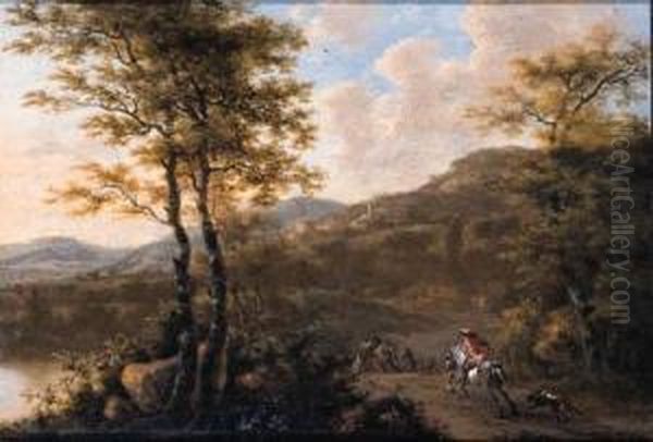 A Sportsman And A Muleteer On A Road, In An Italianatelandscape Oil Painting by Willem de Heusch