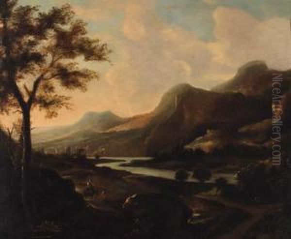 A Valley At Sunset With Peasants On A Track Oil Painting by Willem de Heusch