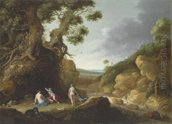 Diana And Her Nymphs In An Extensive, Wooded River Landscape Oil Painting by Gillis Claesz De Hondecoeter