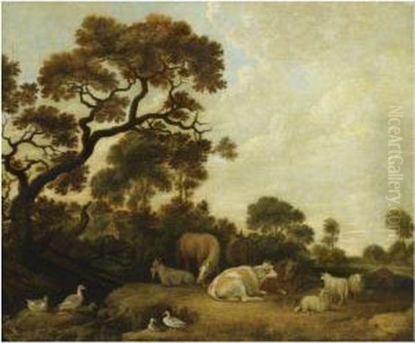 Horses, Cows, A Goat And Sheep In A Wooded Landscape, Near Apond With Ducks Oil Painting by Gillis Claesz De Hondecoeter