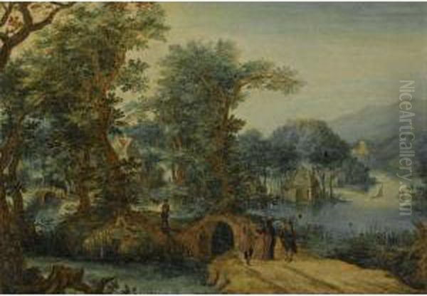 A Wooded Landscape With Christ On The Road To Emmaus Oil Painting by Gillis Claesz De Hondecoeter